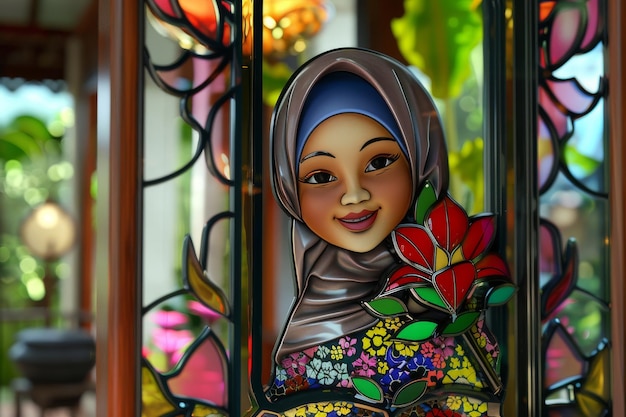 Stained Glass Charm 3D Caricature of a Cute Malay Woman