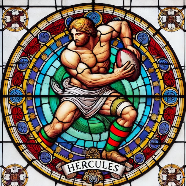 Stained Glass Depiction of Mythical Greek Hero Hercules in Rugby Pose