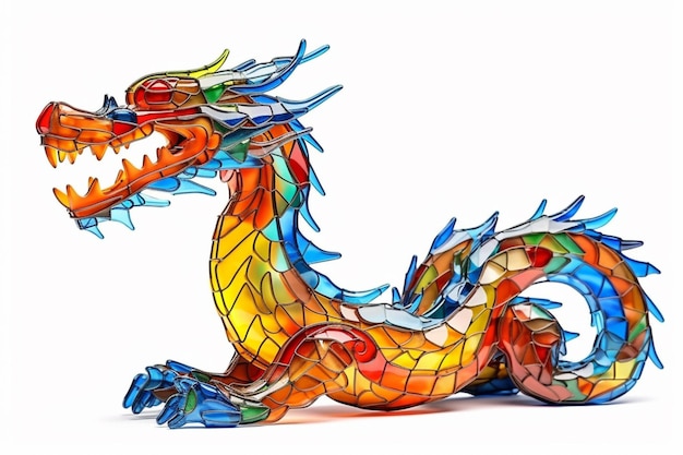 A stained glass dragon sculpture with a long tail and a long tail.