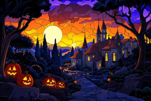 Stained Glass Halloween Evening with Haunted House and Pumpkins