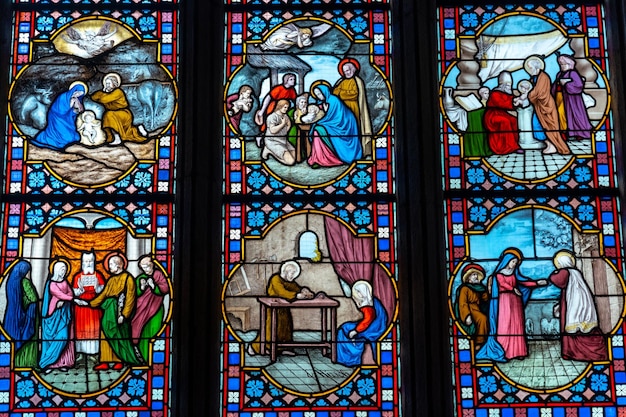 Stained glass inside the Saint Corentin cathedral in the medieval village of Quimper