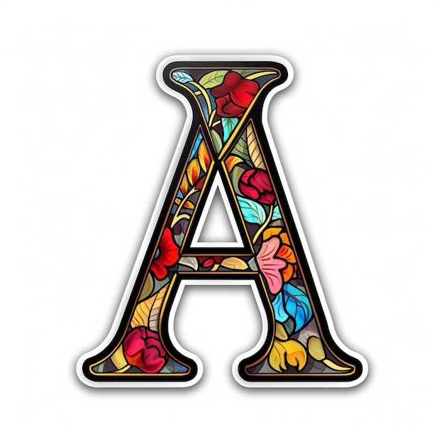 Stained Glass Letter A with Vibrant Floral Design Isolated on White Background