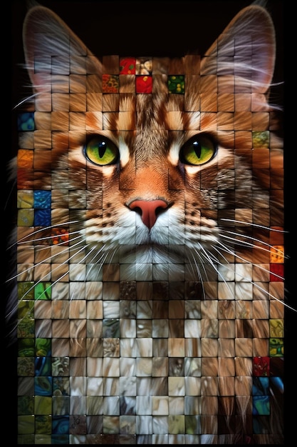 A stained glass picture of a cat with the word cat on it