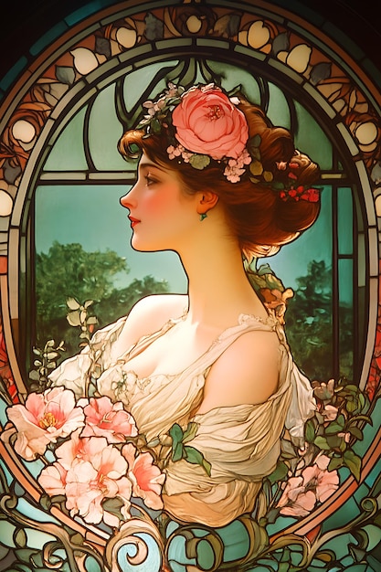 Stained Glass Portrait of a Woman with Roses