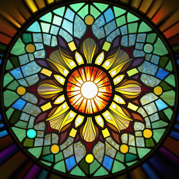 Stained glass rosetta window form of sun Generative AI