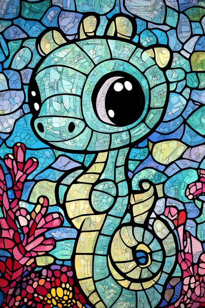 Stained Glass Sea Horse with Coral Reef