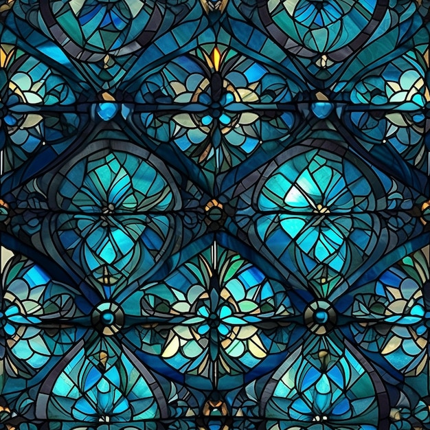 A stained glass window in a church with a blue background.