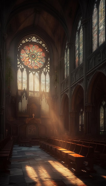 A stained glass window in a church with a stained glass window in the background.