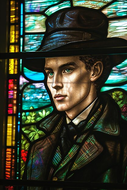 Stained glass window depicting a portrait of a man in a hat