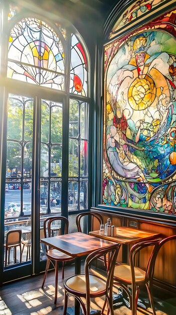 Photo stained glass window illuminates a cozy cafe corner