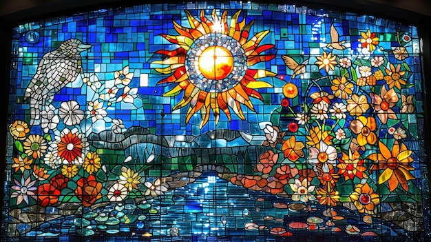 A stained glass window model with sun flower river and bird using the Tiffany Style technique