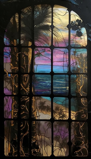 A stained glass window with a beach scene in the background.