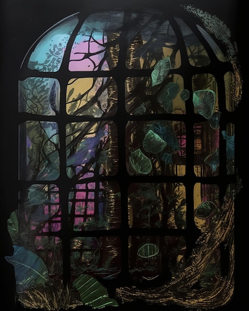 A stained glass window with a birdcage in the background.