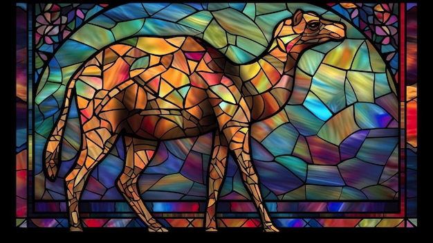 A stained glass window with a camel and the word camel on it.