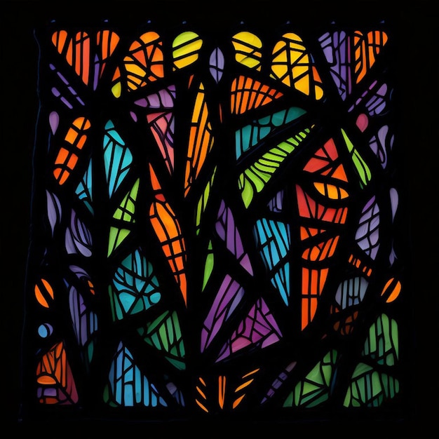 A stained glass window with colorful colors is lit up.