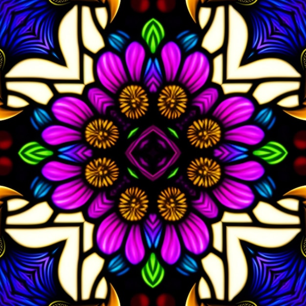 A stained glass window with a colorful flower pattern.