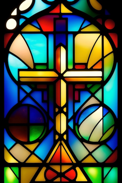 A stained glass window with a cross and the word jesus on it