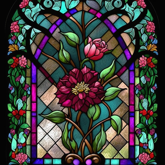 Stained glass window with flower bouquet Generative AI