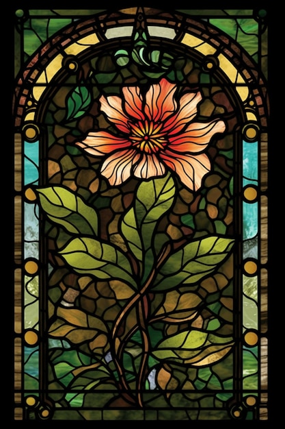 A stained glass window with a flower in the center.