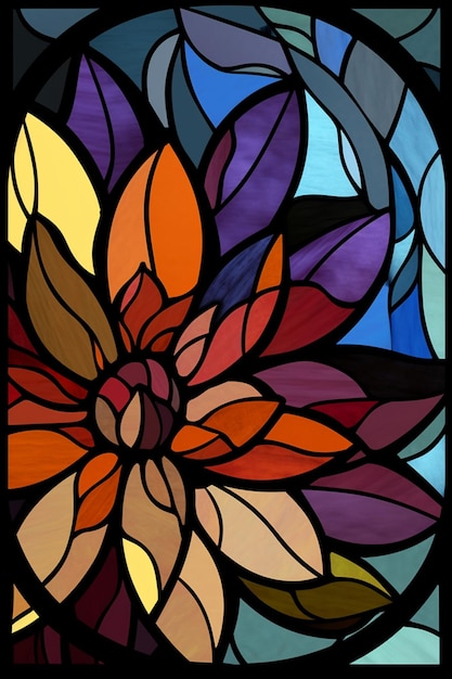 A stained glass window with a flower in the center.