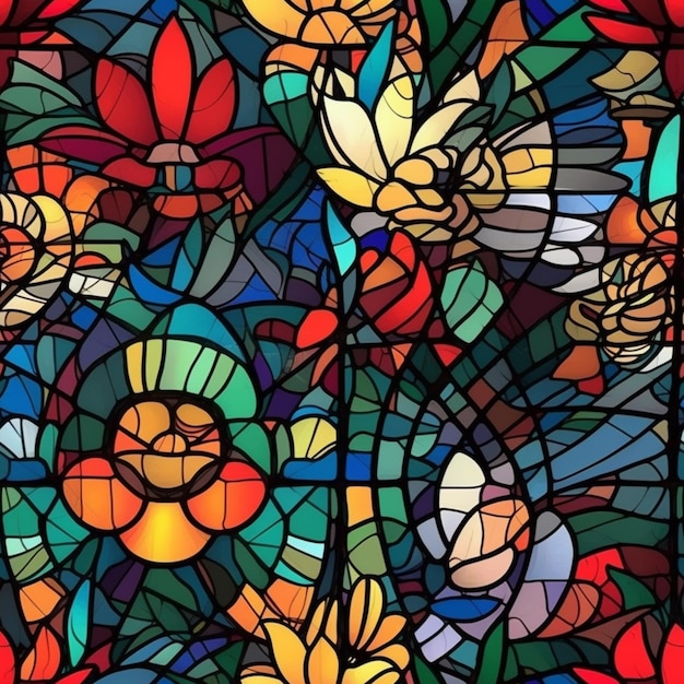 A stained glass window with flowers and leaves in the background.