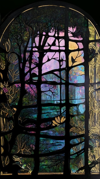 A stained glass window with a forest scene in the background.