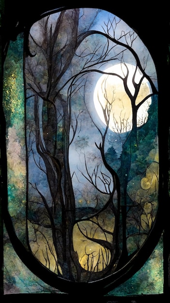 A stained glass window with a moon in the background.