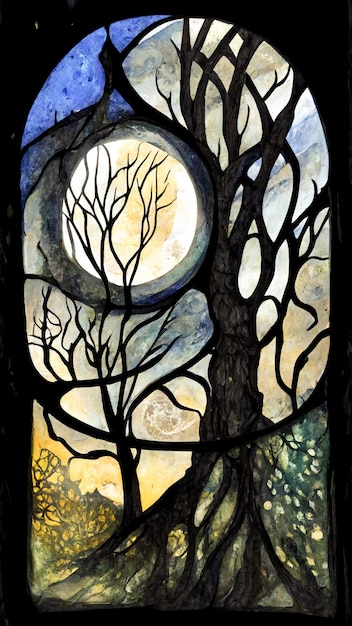 A stained glass window with a moon and trees in the background.