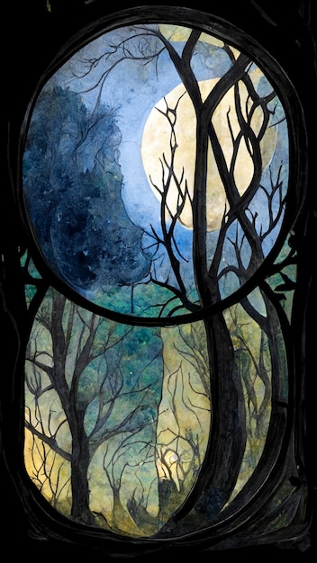 A stained glass window with a moon and the words " the moon " on the left.