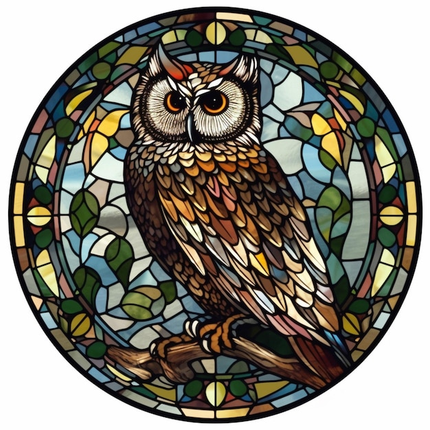 A stained glass window with an owl sitting on a branch.