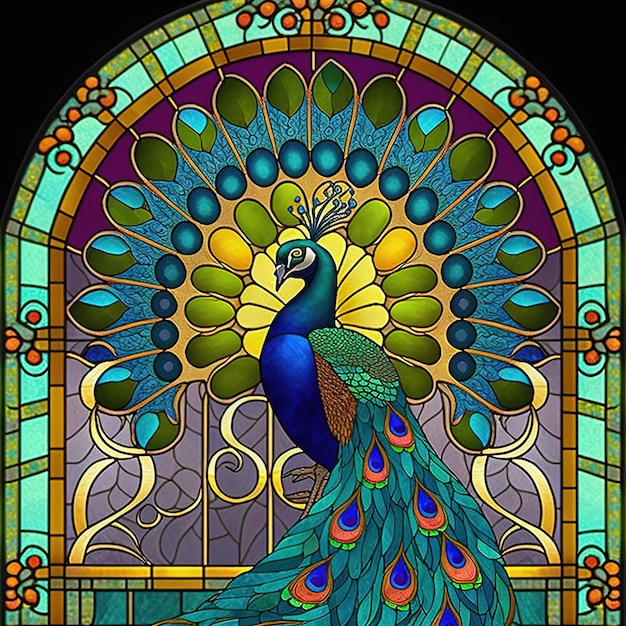 A stained glass window with a peacock on it.