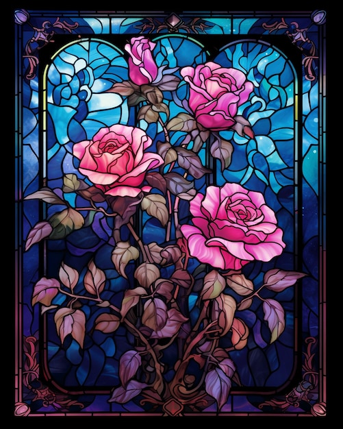 a stained glass window with pink roses and leaves