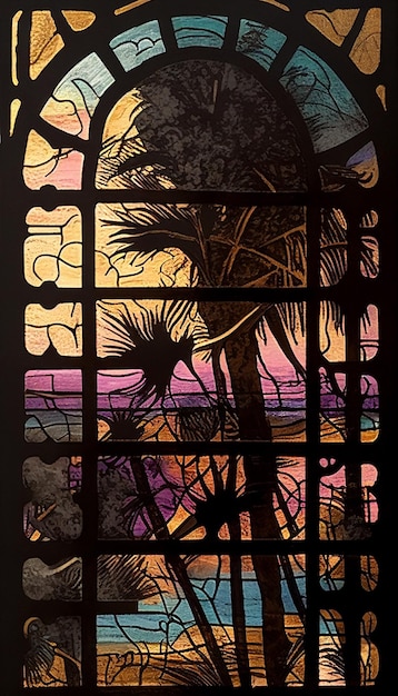 A stained glass window with a plant in the middle of it.