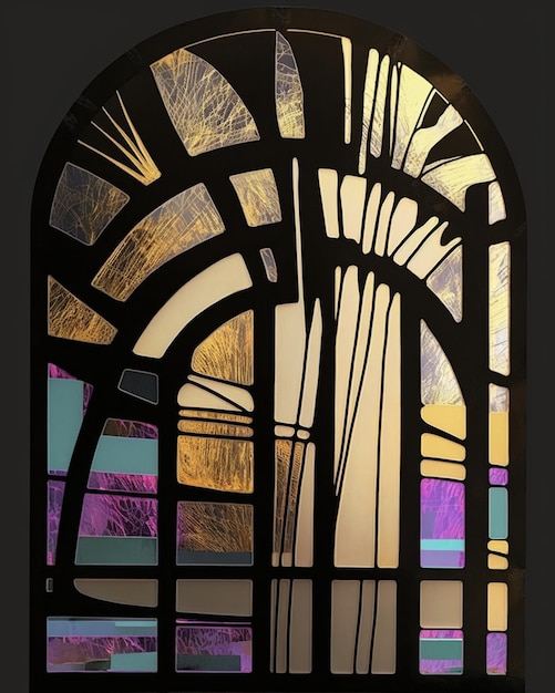 A stained glass window with a purple and gold design.