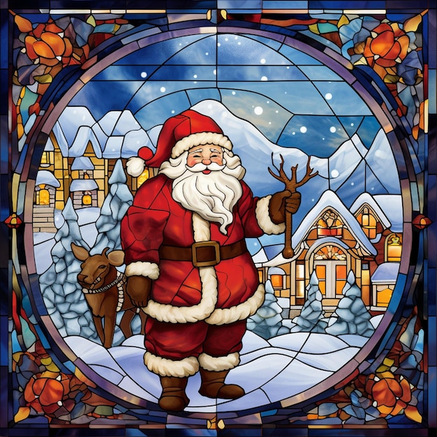 a stained glass window with a santa claus on it