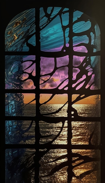 A stained glass window with a sunset in the background.