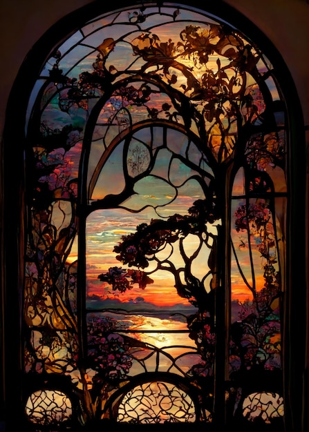 A stained glass window with a sunset in the background