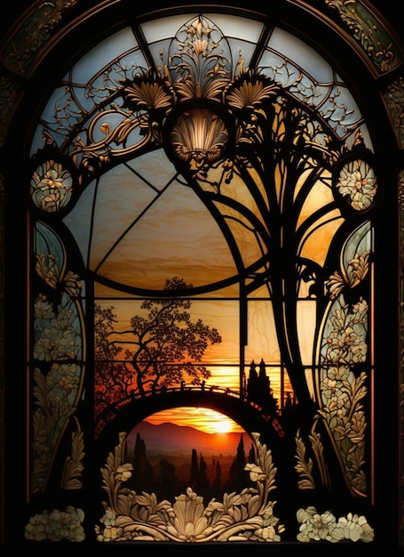 A stained glass window with a sunset in the background.