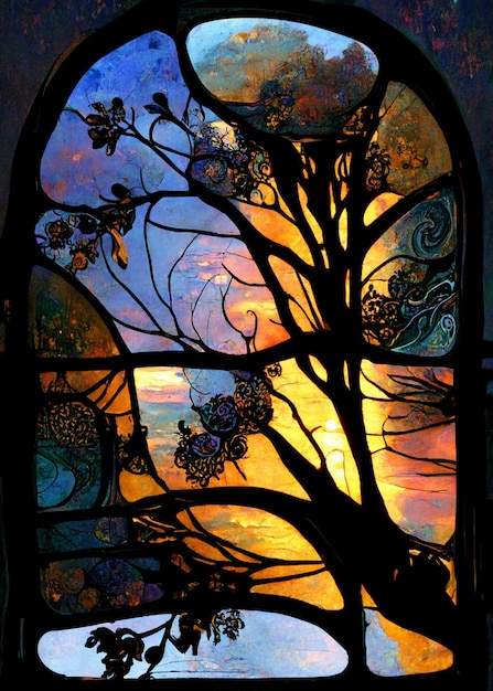 A stained glass window with a tree in the middle