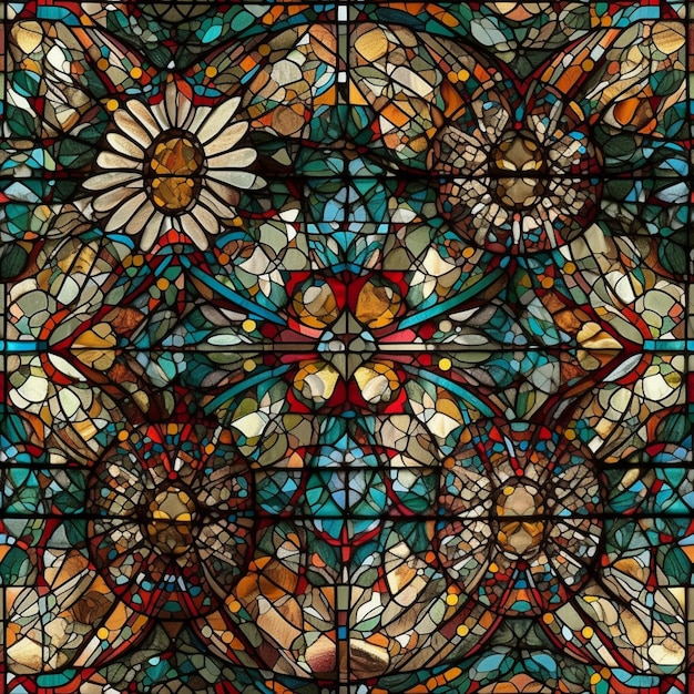 A stained glass window with a white flower and a white flower in the center.