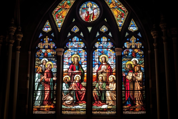 A stained glass window with the words jesus on it