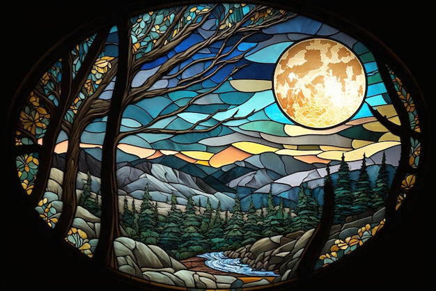 Stained glass with full moon