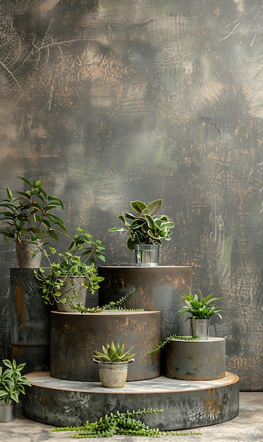 Stained Metal Podium With Industrial Texture Three Tier Podi Nature Inspired Background Photo