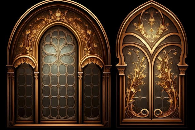 Stained old arched windows with gold decorations in dark brown tones