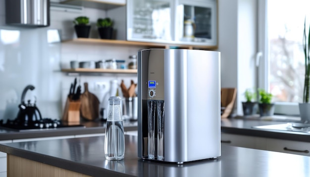 a stainless steel appliance with a blue and black label on it