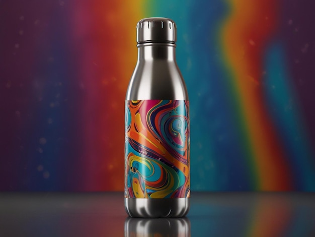 Stainless Steel Bottle Hovering Over Vibrant Abstract Swirls and Geometric Shapes