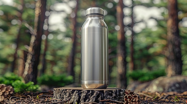 Stainless steel bottle in the woods or forest