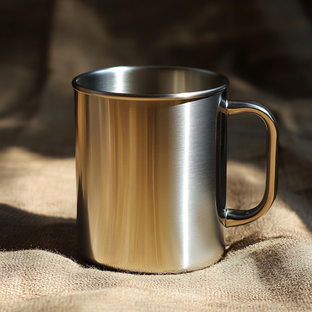 Photo stainless steel camping mug on rustic fabric background