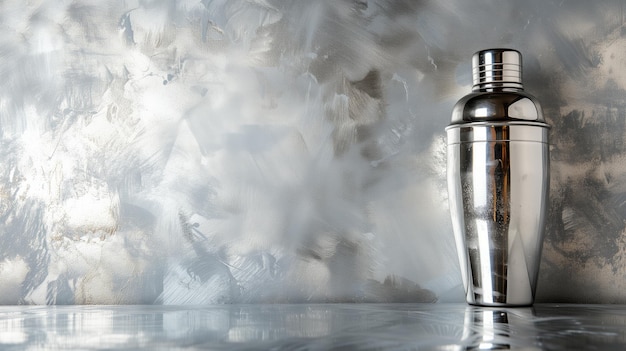 Stainless steel cocktail shaker on abstract grey backdrop