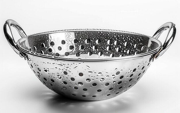 Photo stainless steel colander with water droplets on white background